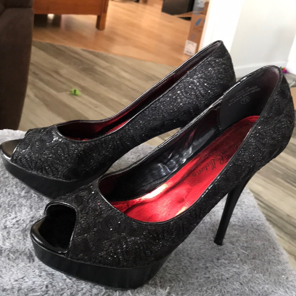 👠🖤SEXY SPARKLING BLACK OPEN TOE HEELS SIZE 8 GREAT CONDITION!